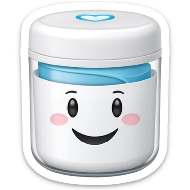 A small round plastic container with the phrase  "dental floss" on it sticker