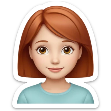 “Cute girly emoji portrait, warm friendly smile, short auburn hair with soft shine, rounded facial features, pastel color palette, subtle blush on cheeks, simplified facial details, soft gradient shading, cozy and feminine emoji style, clean light background. sticker