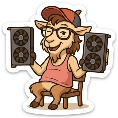 goat for Telegram stickers inspired by reference https://attic.sh/feoducyurkpqwz0la088soao98sx: wearing a cap, glasses, mullet hairstyle, pink drunkard tank top, sitting on a chair, holding a large video card in each hand at shoulder level, winking, pose like in the photo, clean lines, soft gradients. transparent background sticker
