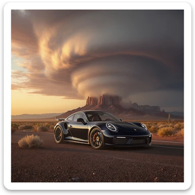 Cinematic still of a A modern desert mountain, wallpaper, modern, porsche 911, sunset, arizona desert, tornado in background sticker