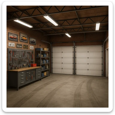 garage interior featuring three entrances, workbench, automotive theme sticker