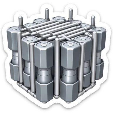 A bundle of uranium fuel rods used in a nuclear reactor, with a metallic structure and cylindrical rods, arranged in a hexagonal grid, futuristic and industrial style sticker