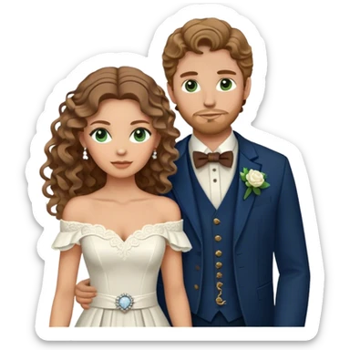A bride and groom. Bride has brown hair with soft curls, has green eyes, wears an off shoulder dress. Groom has blond hair, dark blue eyes, wears a western suit with a brown vest and a bolo tie. sticker