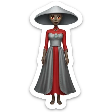 a gray alien woman, full body, in red Romanov dress sticker