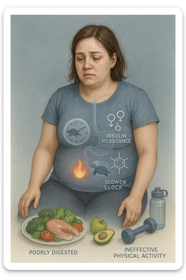 Donna tra i 25 e i 35 anni con fisico leggermente gonfio e postura affaticata, seduta con sguardo stanco. In trasparenza sul suo corpo, si vedono elementi simbolici: una fiamma metabolica molto piccola nel centro dell’addome, una tartaruga accanto a un simbolo di orologio rallentato, indicatori visivi di insulino-resistenza e squilibri ormonali. Intorno a lei: cibo sano non digerito bene, attività fisica poco efficace. Colori spenti attorno al corpo, con toni freddi e lentezza visiva. Stile realistico con elementi infografici e simbolici integrati sticker