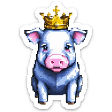 cute anime style pig with a golden crown, inspired by Technoblade, made out of Minecraft blocks, blocky and pixelated, expressive and charming sticker