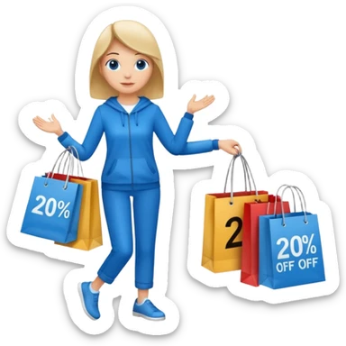 Person who is waiting the sale promotion with 20% off sign, wearing blue outfit and hanging some shopping bags sticker