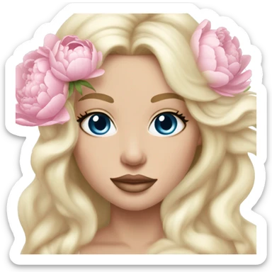 White bride with long light blonde hair and blue eyes with light pink peonies in hair white skin light pink lips sticker