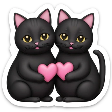 two fat cute black cats love, pink heart, closed mouth, black ears sticker