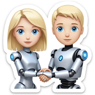 Make a human robot holding hands with a white girl with blue eyes and blond hair sticker