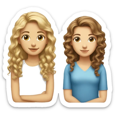 Two girls sitting: one with brown eyes, straight long brown hair, fair skin, and the other with shoulder-length, curly blonde hair, blue eyes. sticker