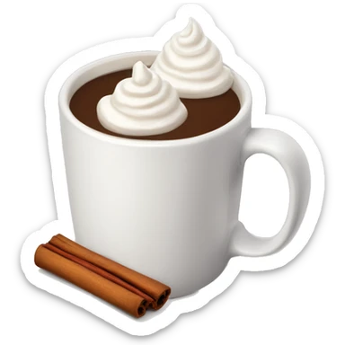“A white mug of hot chocolate with whipped cream, a cinnamon stick, and steam rising.” sticker
