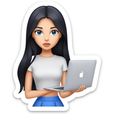 Glamours tanned very beautiful girl with pump peach nude lips and black straight smooth long hair, blue-grey eyes in beautiful clothing stading with MacBook sticker