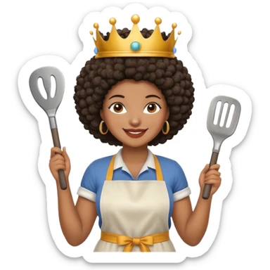 Mujer curvy afro, con vestimenta cómoda y delantal,con una corona sobre su cabeza y sonrisa contagiosa y herramientas  sticker