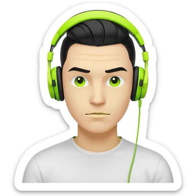 yellow-skinned guy head with slicked back black undercut hair and neon green headphones, cool expression sticker