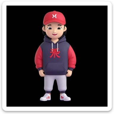 memoji-style Chinese American character for a profile photo, wearing a hoodie and a backwards baseball cap, smiling, simple background sticker