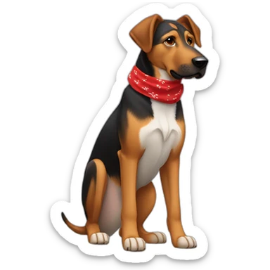 75% Coonhound 25% German Shepherd mix dog wearing small plain red bandana side view full body in profile left facing sticker