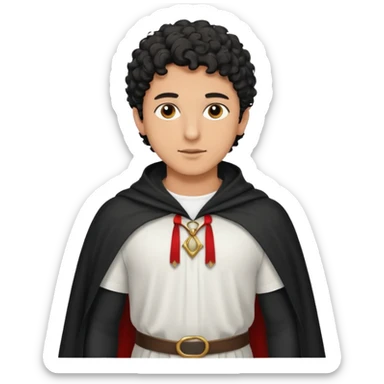 Apariencia: Joven de unos 25-30 años, atractivo,.
-Rostro: Ojos oscuros, piel ligeramente morena, rasgos árabes finos.
-Cabello: Negro, rizado corto, viste como cristiano (camisa blanca, capa corta, colores sobrios). Que salga de cuerpo completo sticker