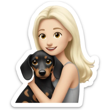 White blonde girl hugging black and grey spotted dachshund  sticker
