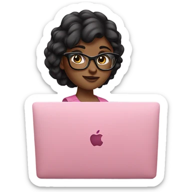 girl with black hair wearing eyeglasses working on a pink macbook laptop sticker