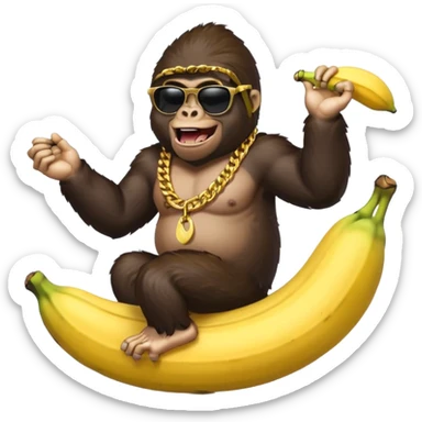 A realistic gorilla with cool shades and a gold chain riding a banana  sticker