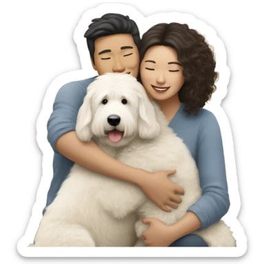 asian couple hugging with a big white goldendoodle sticker