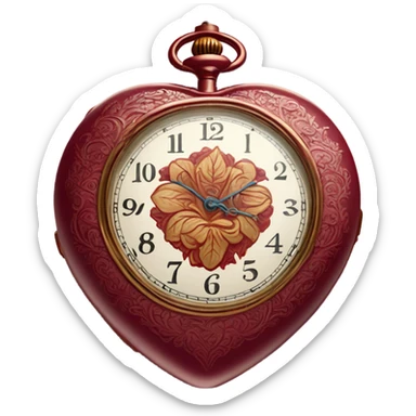 A heart-shaped pocket watch with an intricate floral engraving in crimson tones
 sticker