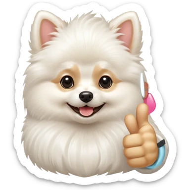 a white Pomeranian dog doing a thumbs up sticker