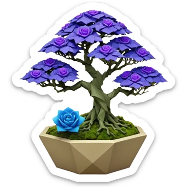 Futuristic wild glowing space alien moss maples Bonsai hair-fine-leaf group multi faceted intricate crystal inspired boxwood purple rose blue informal rocky cliffhanger eight trees forest planting in shallow origami slab style pot with big anthropomorphic feet  sticker