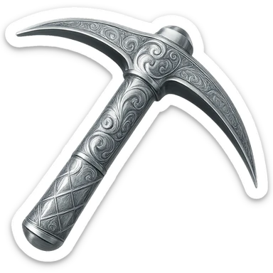 Engrave this steel pickaxe with elegant silver engravings, keep it crisp, shiny, and slightly fancier than iron, realistic metallic steel, emoji style. Transparent background. sticker