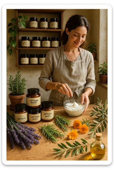 A realistic, high-quality photo of a small artisan skincare laboratory in Italy, with wooden shelves displaying beautifully packaged glass jars of natural creams made with herbal and botanical extracts, olive oil, and essential oils, clearly labeled ‘100% Natural’ and ‘Artisan Made in Italy’. The scene includes a bright, sunlit rustic workspace with plants, fresh lavender, rosemary, calendula flowers, and olive branches on the wooden counter, symbolizing purity and nature. A female artisan in a linen apron is carefully mixing creams in a glass bowl, smiling softly. The environment feels warm, authentic, and eco-friendly, emphasizing the concept of handcrafted skincare without synthetic chemicals in italiano sticker