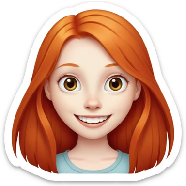 traditional emoji of young girl with very pale skin, long straight bright ginger red hair, very big wide human eyes positioned close together, wide nose, big smile with extremely large prominent teeth showing, classic round face sticker