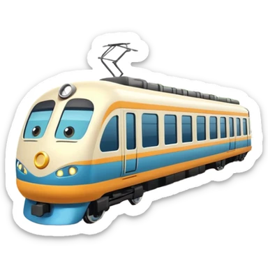 A 3D cartoon passenger train with windows and multiple cars, moving on railway tracks, bright daylight, Memoji-style. sticker