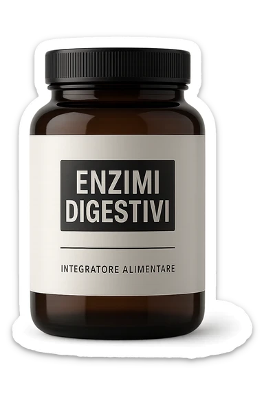 barattolo di integratore con la scritta "ENZIMI DIGESTIVI", iperrealistico 4k sticker