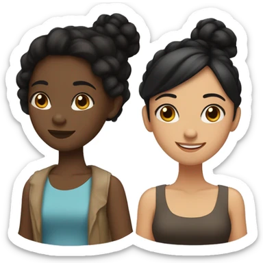 “Three friends: one with fair skin and straight black hair, another with dark skin and black hair in a low bun, and the last with tan skin and wavy black hair.” sticker