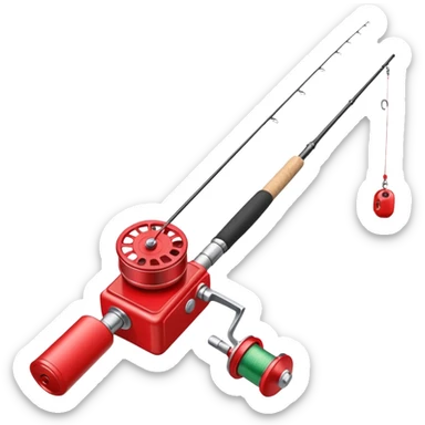 A fishing rod with reel and line neatly coiled beside a bait box. sticker