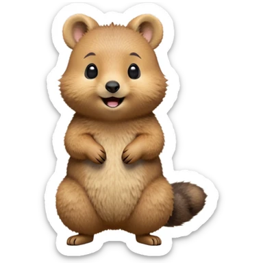 cinematic-quokka-realistic-full-body-standing on its hind legs hunched over-emoji,-small-round-frame-balanced-on-tiny-strong-hind-legs,giant fluffy cheeks large smile-fluffy-brown-fur-radiating-a-warm-softness,-big-round-eyes-filled-with-joy-and-innocence,-tiny-clawed-paws-held-close-to-chest,-cheerful-smile-exuding-endearing-happiness,-simplified-yet-realistic-focused-features,-highly-detailed,-glowing-with-a-sunny-warmth, skinny tail sticker