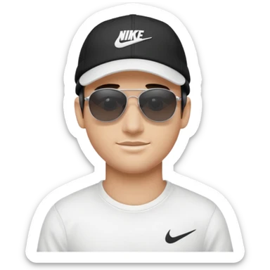 A guy wearing a white Nike shirt, a black Nike cap, and Juliet sunglasses. sticker