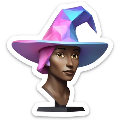 sculpture Mage hat without mannequin. Hat is geometric, faceted design. The hat is standing upright on a base with angular and baroque features. The vibrant midtone tints of pastels and pink highlights the sharp edges and planes. detailed hat sticker