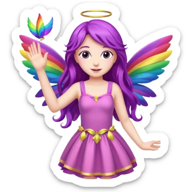 Female fairy
Long purple hair
Pink dress
Rainbow wings
Waving 
 sticker