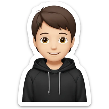A brunette boy, short straight hair, light brown eyes, with a black sweatshirt with a hoodie, and smile without visible teeth  sticker