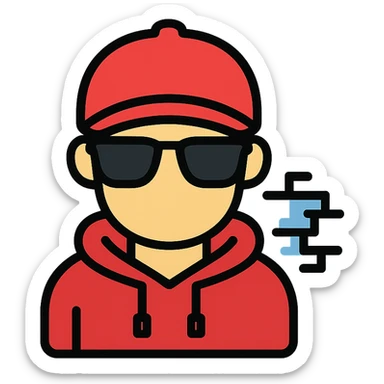 Coolkid, the Roblox hacker, as a stylized icon: red cap, sunglasses, hoodie, and a digital glitch effect, in a color outline style sticker