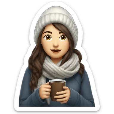 white female data science engineer with dark brown straight long hair in a tech startup wearing woolly scarf and wearing a coffee mug, not full body shot sticker