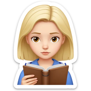 Young girl with focused expression reading a notebook sticker
