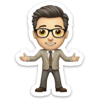 Full height Actively gesturing with hands Pale skinned fit man with dark brown hair in gray jacket, beige office shirt, brown tie, brown pants and vintage glasses. sticker
