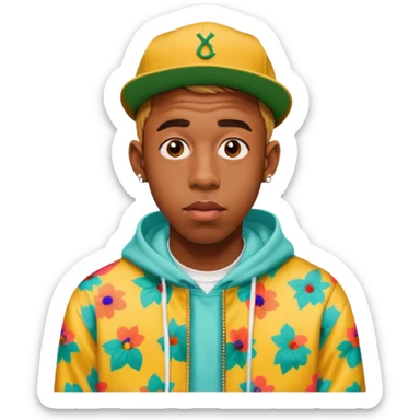 Tyler the Creator with his iconic look, wearing a colorful outfit sticker
