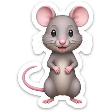A 3D cartoon rat standing on its hind legs, gray fur, long pink tail, small round ears, curious smile, soft natural lighting, realistic yet cute Memoji-style. sticker