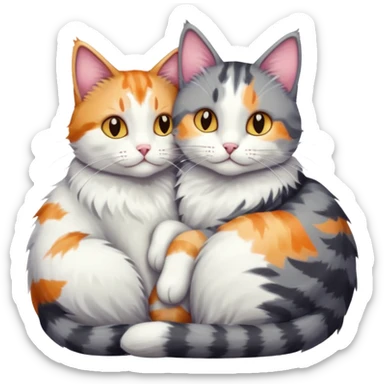 grey and white cat cuddling a colourful light patched calico + white tabby cat sticker