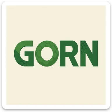 The word 'GORN' in a minimalist, flat design, using simple shapes and a green color palette to suggest a reptilian theme. sticker