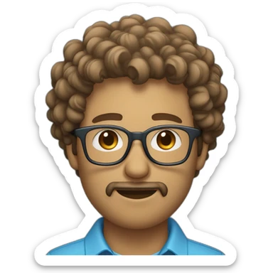 Portrait of light brown man with curly hair with a goatee and blue eyes with glasses and a sky blue shirt IT Developer sticker